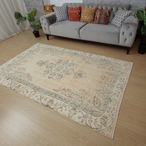 5x8 handmade bedroom rug, retro  living room rug, 4'8" x 8' pastel beige orange  rug, 2402058175