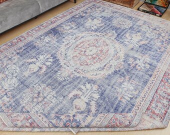 distressed blue Turkish Oriental  dining room Rug, 8' x 11'6" Vintage  living room carpet   2111243506