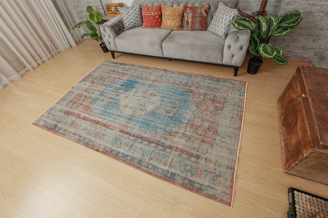 5x8 Distressed Vintage Kitchen Rug Bedroom Red Blue Rug Etsy