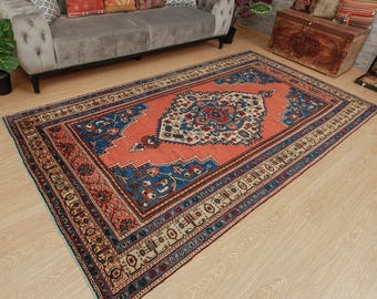 Alfombra Oushak para sala de estar, alfombra turca roja y azul para dormitorio, 5'4" x 9'4", 2207065515