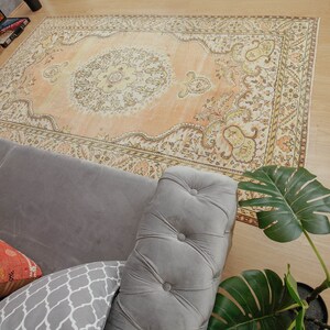 May include: An overhead shot of a large, rectangular, peach-colored rug with an intricate, traditional design. The rug is placed on a light wood floor, partially covered by a gray sofa and a potted plant with large green leaves.