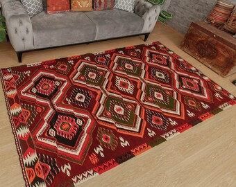 geometric home decor red kilim, Red Green Turkish Area Rug , 5'4" x 9' boho kitchen carpet, , 2203234774
