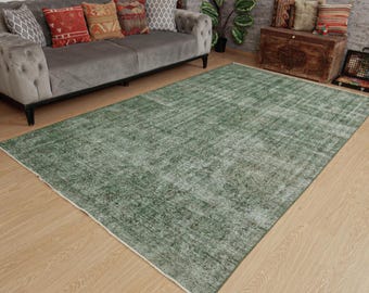 distressed green vintage bedroom carpet  , 6'3" x 9'9" faded bed plan or area rug  2502078763