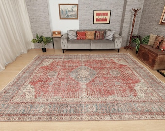 handmade distressed red  living room rug , 8'11" x 11'7" dining room carpet , 2508249358