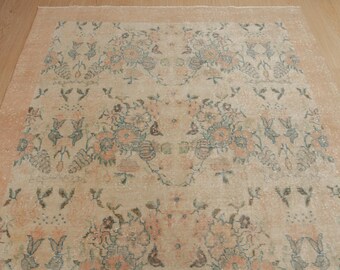 floral beige orange bedroom rug, 5'8" x 9'3" handmade living room carpet , 2301156230