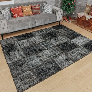 donker deco vintage Turks patchwork woonkamertapijt, 5'7" x 7'10" donker deco vintage vloerkleed, 2101281361