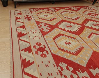 Geometrisk turkisk sovrumsmatta, 155 cm x 213 cm Rödbeige kelimmatta för vardagsrum, 2105292531
