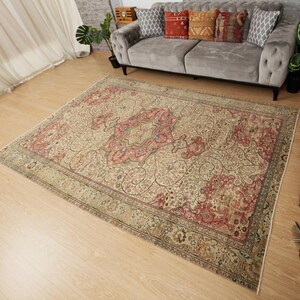 Pu&ograve; includere: Un grande tappeto rettangolare con un design tradizionale e intricato. Il tappeto presenta un medaglione centrale nei toni del rosso e del beige, circondato da motivi floreali e a vite. Il bordo &egrave; beige scuro con un motivo dettagliato.