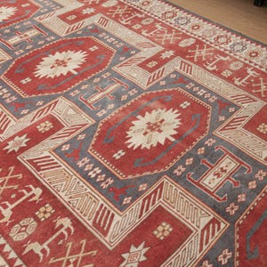 5x7 red beige grey geometric rug, woven bedroom rug,4&#39;11&quot; x 7&#39;3&quot; Wool Rug 2505201427