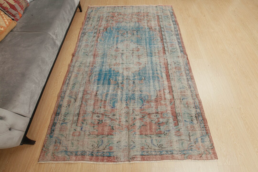 5x8 Vintage Kitchen Rug Distressed Rug Retro Red Blue Rug Etsy UK