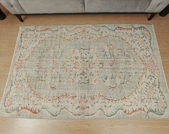 5x8 distressed retro rug, kitchen rug, green beige rug, Living Room  Rug, 4'8" x 7'5" vintage  Rug 2208155270