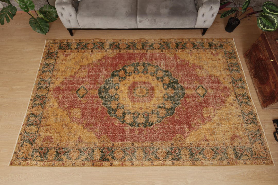 Red Yellow Rugs 7x10 Rustic Red Yellow Rug, Handmade Dining Room Rug, 6'7