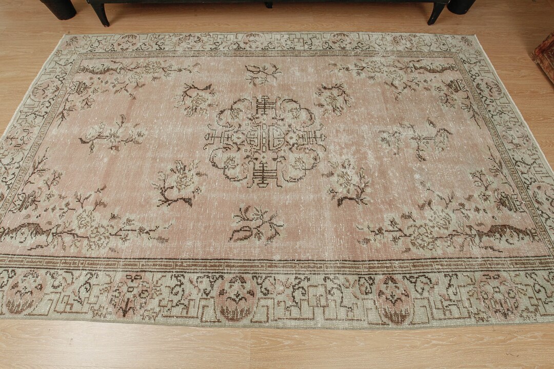 6x9 Vintage Living Room Rug, Wool Rug, Floral Rug, 5'6 X 9'1 Ivory Pink