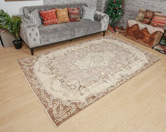 vintage living room carpet, 5'5" x 9'2" beige brown Bedroom Rug  2101281336