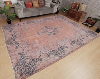 pastel pink handmade rug for living room, 8'1" x 11'5" carpet for dining  2408098334