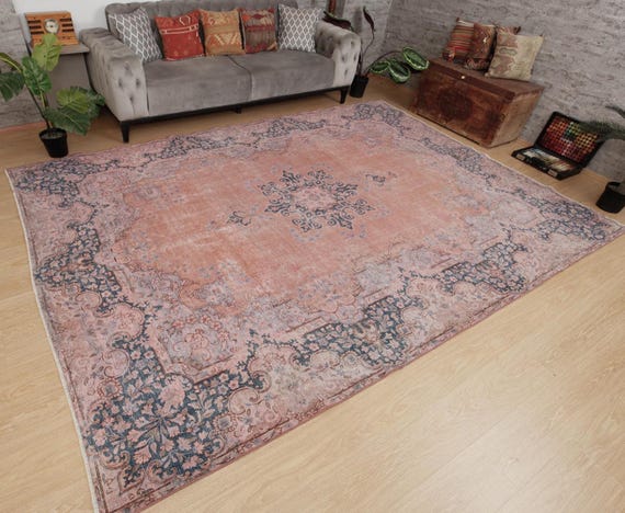 pastel pink handmade rug for living room, 8'1" x 11'5" carpet for dining  2408098334