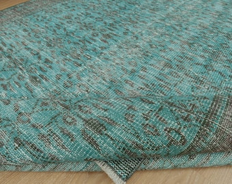 retro Distressed Teal Brown Turkish kitchen Rug, 5'5" x 9' vintage bedroom carpet ,   2111293544