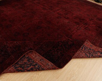 vintage dark red dining room rug, 8'6" x 11'3" handmade living room carpet  2601139674