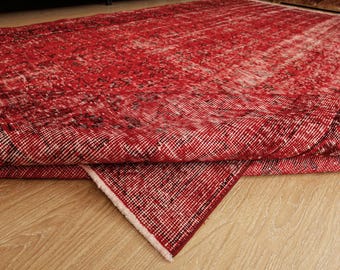 Distressed  Red Turkish oriental living room rug,  7'1" x 10'6" handmade bedroom carpet , 2507129487