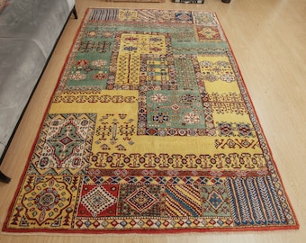 Alfombra geométrica de lana verde amarillenta para sala de estar, 1,95 m x 2,93 m, estilo retro, 2203234786
