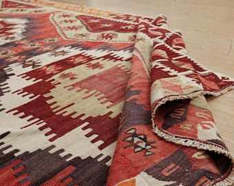 flat woven geometric  area rug  4'11" x 12'4" vintage handmade living Room kilim   2501178742