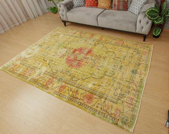 vintage Turkish living room rug,handmade pastel green yellow bedroom carpet 5'10" x 8'5"  , 2202243398