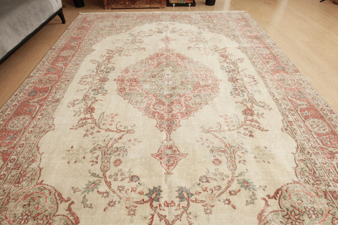 Vintage Living Room Rug in Beige Red With Distressed Pile 8x11 ...