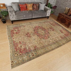 Pu&ograve; includere: Un tappeto beige antico con un motivo a medaglione centrale in rosso e verde. Il tappeto presenta intricati motivi floreali e un bordo con finiture verde scuro e blu. Il tappeto &egrave; posato su un pavimento in legno chiaro.