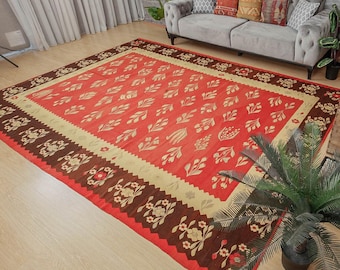 Red Romanian bedroom kilim, 8'2" x 11'2" flat weave Rug for living room   2112054107