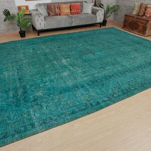 distressed teal blue living room rug , 9'6" x 13' retro dining room carpet , 2212196092 image 3