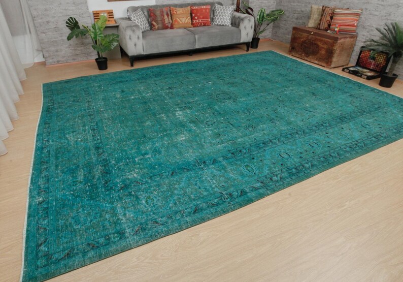 distressed teal blue living room rug , 9'6" x 13' retro dining room carpet , 2212196092 image 3