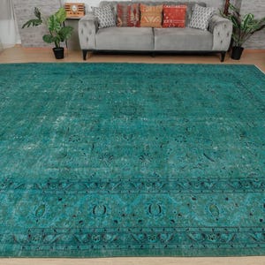 distressed teal blue living room rug , 9'6" x 13' retro dining room carpet , 2212196092 image 6