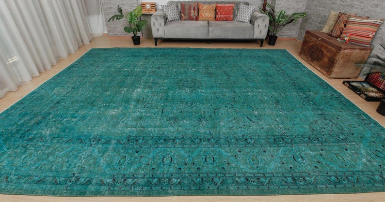 distressed teal blue living room rug , 9'6" x 13' retro dining room carpet , 2212196092 image 6