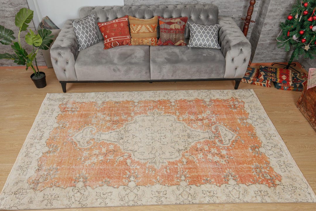5x9 Distressed Pastel Orange Bedroom Rug,vintage Turkish Rug, Antique