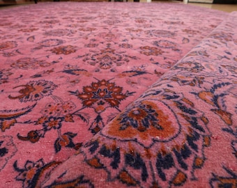 hand knotted pink blue living room rug, 10'8" x 14'8" vintage bedroom carpet   2601219650