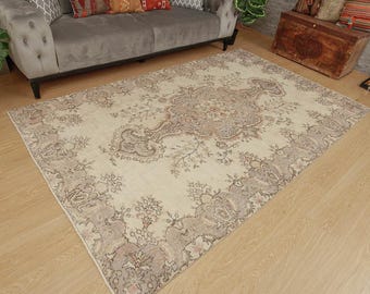 beige brown Vintage Turkish Living room Rug ,5'6" x 8'10" woven office carpet  2207245228