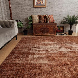 May include: A large rectangular area rug featuring a distressed, weathered texture in shades of deep rust, terracotta, and faded cream. The rug has a low-pile construction with a visible woven grid pattern, covering the floor space in front of a sofa.