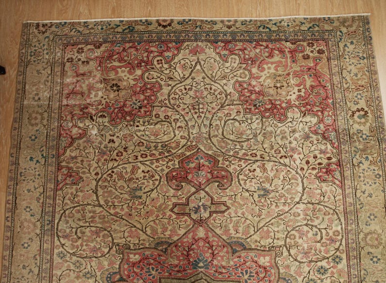 Pu&ograve; includere: Un tappeto antico con un intricato disegno floreale nei toni del beige, rosso e marrone. Il tappeto presenta un medaglione centrale e un bordo dettagliato, che mostra un tradizionale stile persiano. Il motivo del tappeto include fiori e viti stilizzate.