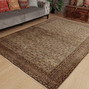 6x9 wool bedroom rug, beige brown area rug, , 6&#39;3&quot; x 9&#39;3&quot; bed plan rug, 2502079143