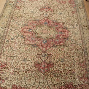 Pu&ograve; includere: Un tappeto rettangolare con un intricato motivo floreale in crema, rosso e blu. Il disegno centrale presenta un grande medaglione ornato a forma di stella. Il bordo del tappeto presenta un motivo floreale ripetuto.