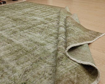 faded green brown dining room rug, retro bedroom carpet  , 7'1" x 10' size,   2502078762