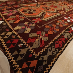 Kilim geométrico extragrande único de 18 x 36 cm, marrón, rojo y naranja, 2,18 m x 4,17 m, alfombra vintage 2406047096