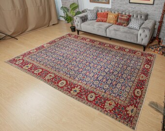 retro blue red Turkish  Area Rug, 6'2" x 9'6"  Living Room Carpet  2102131562