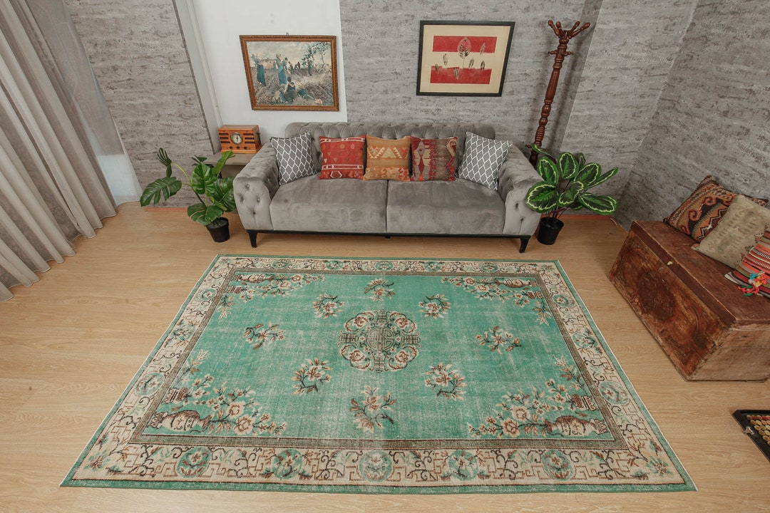 Retro Oriental Rug 6x9 , Distressed Vintage Rug, 5'7 X 8'11 Teal Beige