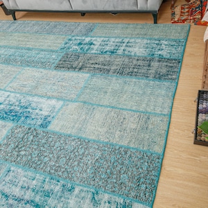 8x10 Blue Patchwork Rug , Vintage  Modern Boho  Area Rug  ,8&#39;2&quot; x 9&#39;10&quot;   Living Room Patchwork Rug 201204996