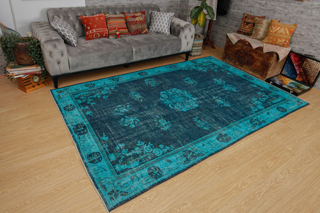 Blue Dining Room Carpet , Vintage Living Room Rug 6'3