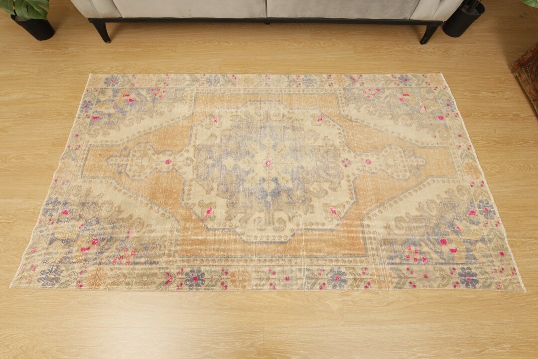 4x8 Entryway Rug, Pastel Orange Beige Vintage Rug, 4'3