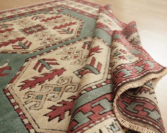 wool green beige red woven bedroom rug, 4'2" x 5'10"  office carpet , 2505129285