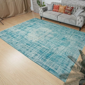7x10  Blue Area Rug, Vintage Handmade Rug , pastel blue rug, 7&#39; x 10&#39;2&quot;  Living Room Rug 2101281350