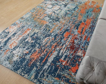 Indian Style blue orange modern abstract living room rug, 6' x 9'1"  Full Pile bedroom Carpet 2102181721